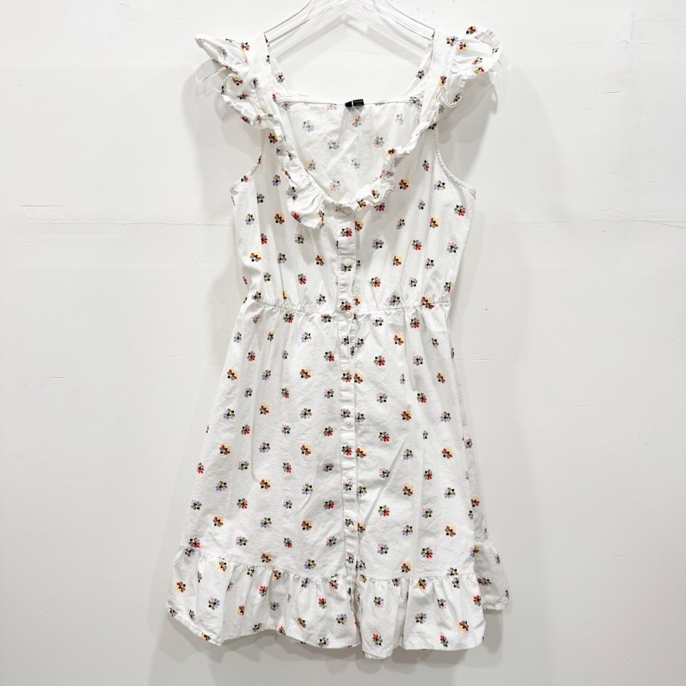 Vero Moda White Button Front Printed Dress Ruffle Trim Large